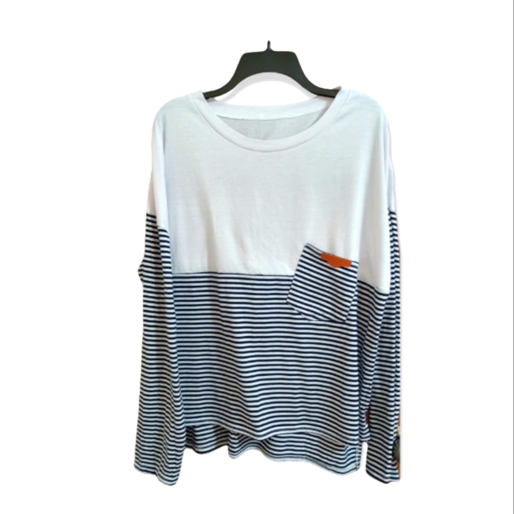 Shein Women's 2XL Black/White Striped Long Sleeve Front Pocket Shirt